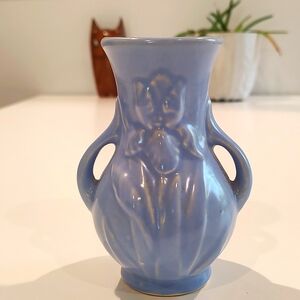 Shawnee Pottery Vintage Iris Double Handle Mini Vase Blue